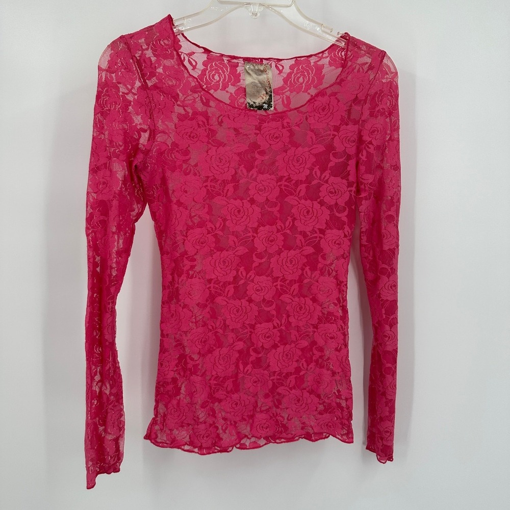 Womens Y2K Whimsigoth Lace Top‎ Size S Pink Coquette Sheer Feminine Festival